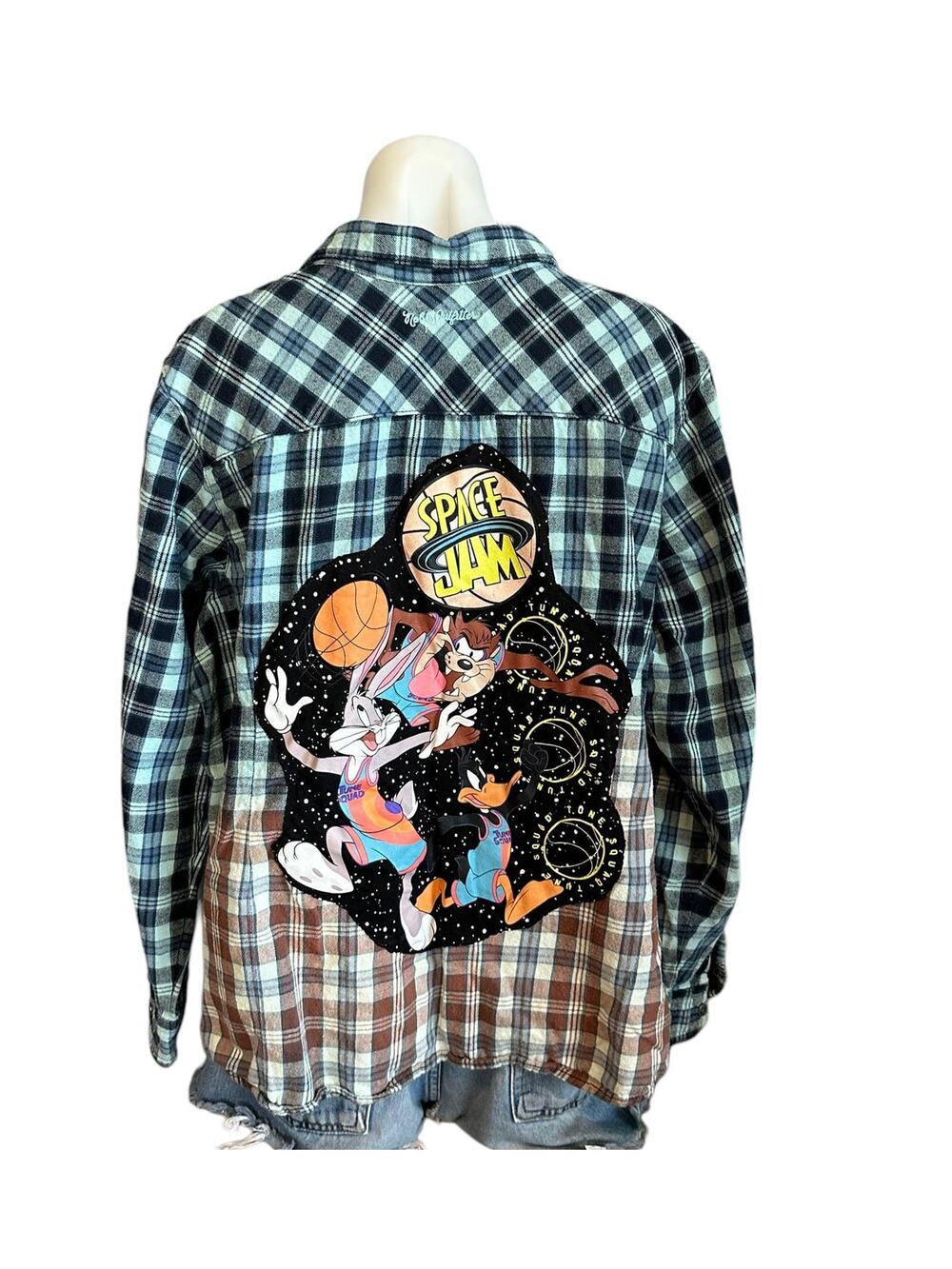 Space Jam Flannel Plaid Shirt 3XL Oversize One of Kind Blue Shacket Bugs Bunny